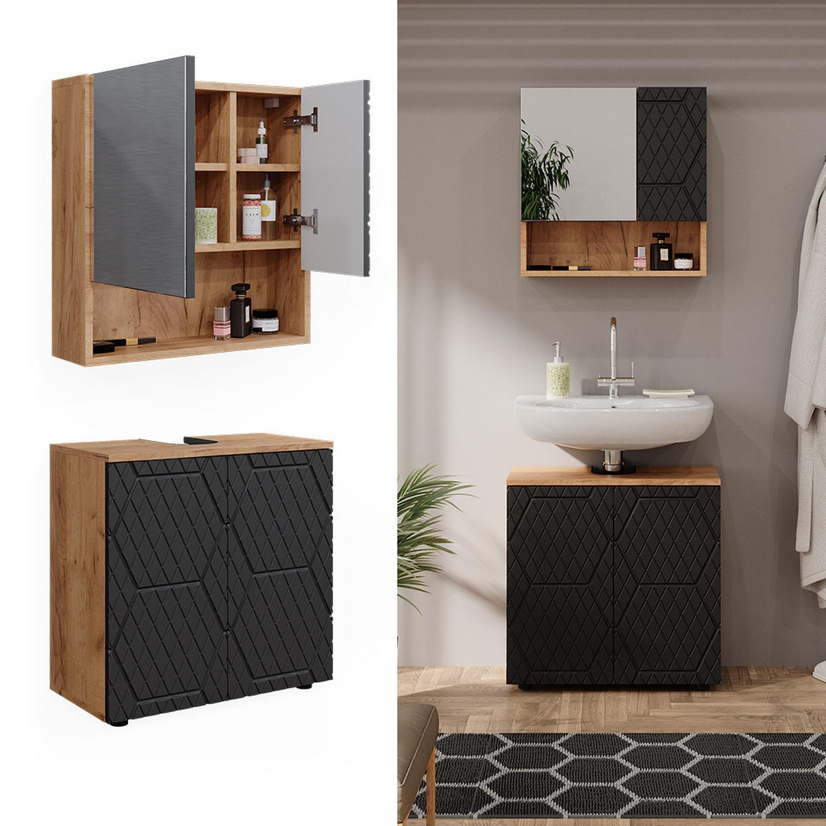 SÚPRAVA KÚPEĽŇOVÉHO NÁBYTKU Irma Antracit so štruktúrou včelieho plástu - antracitová, kompozitné drevo (80/58.6/41cm) - Vicco