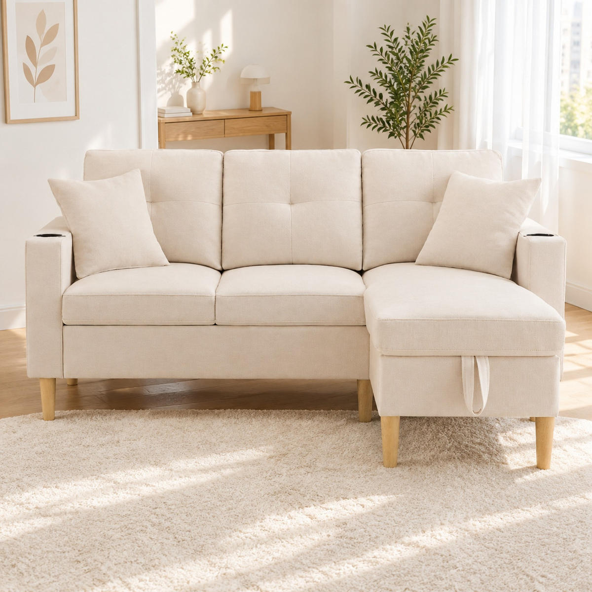 ECKSOFA in Leinenoptik Beige 129x175x90 cm mit Stauraum und beidseitig platzierbarer Chaiselongue - Beige, Textil (175/129cm) - IVMEU