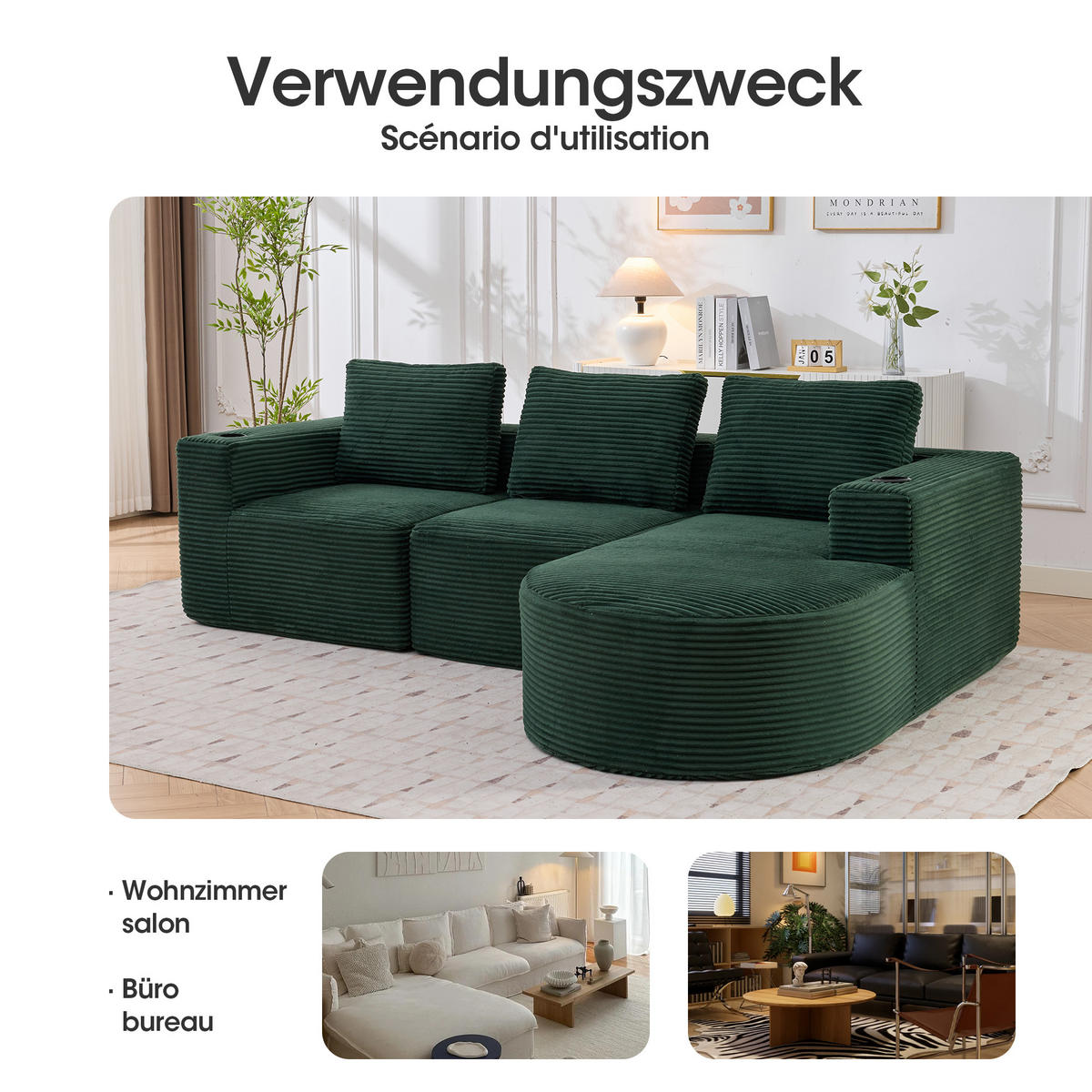 2-SITZER ECKSOFA Cord Retrogrün mit 3 Kissen und 2 Becherhalter - Jadegrün, Textil (265/176cm) - WISHDOR