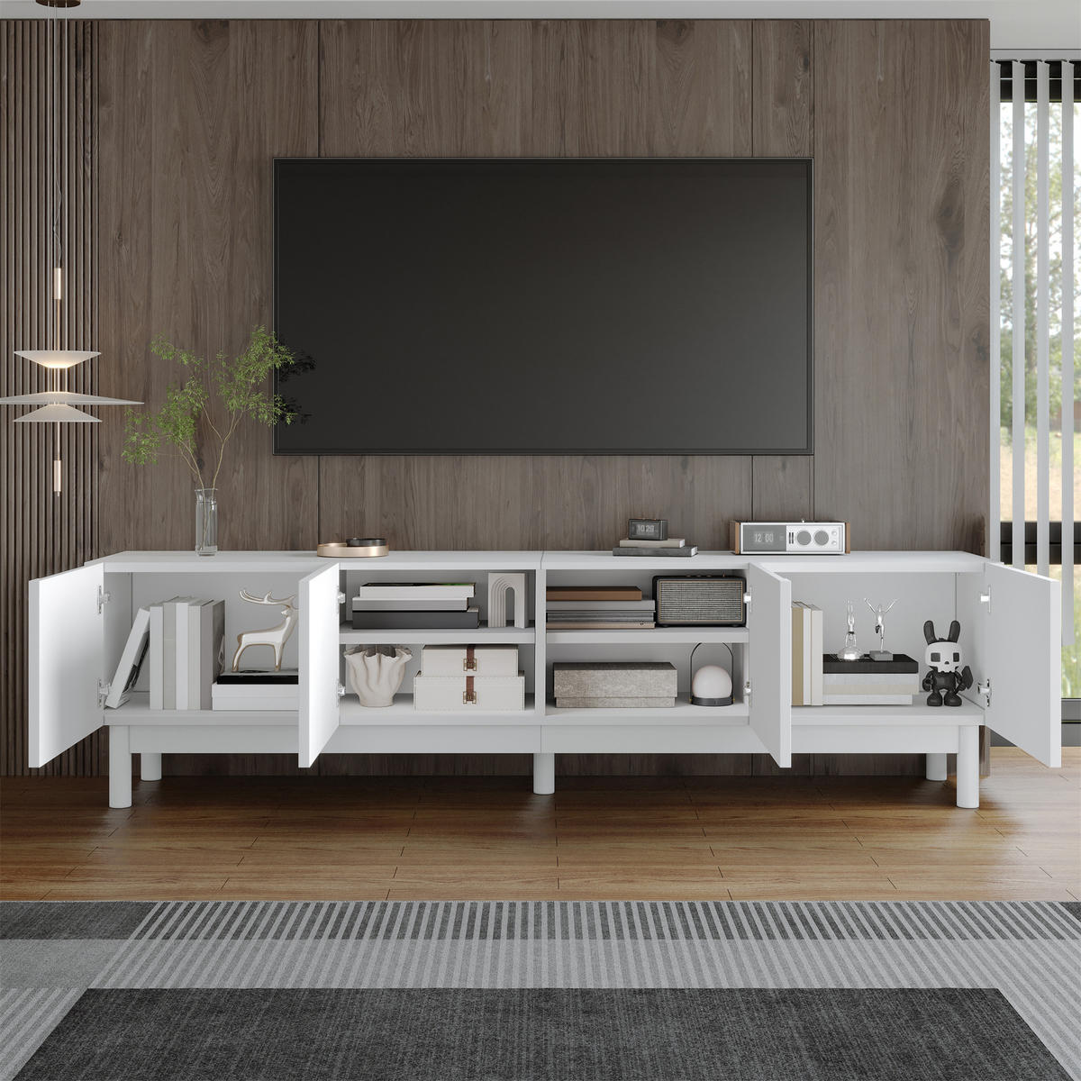 TV-ELEMENT169X34X45,5CM SchwarzWeiß Grifflos mit 4 Wellenförmigen Türen - Weiß, Holz (43.18/23.62/98.43cm) - Raelunyi