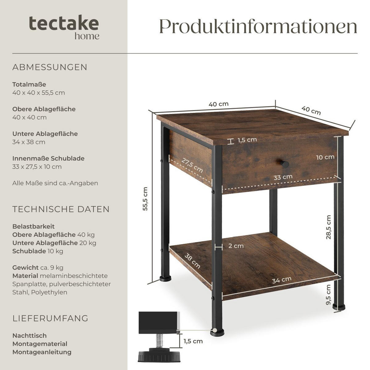 NACHTSCHRANK Bradford, 40 x 40 x 55,5 cm, Industrial Holz dunkel, rustikal - Rostfarben, Holzwerkstoff (40/55.5/40cm) - tectake