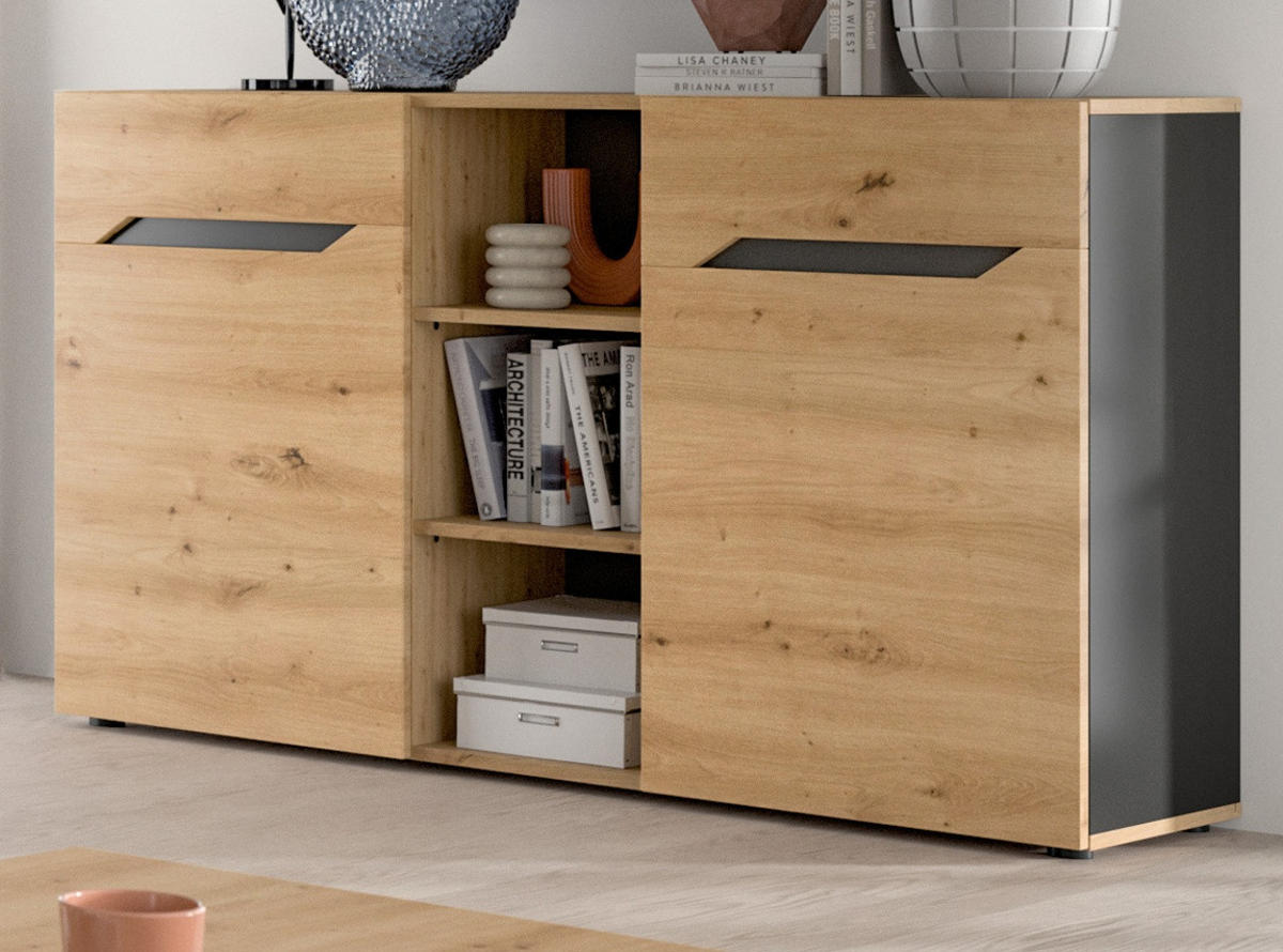 SIDEBOARD Eiche Artisan und Grau, Kommode mit 9 Fächern 130 x 81 cm - Dunkelgrau/Schwarz, Holzwerkstoff/Kunststoff (130/81/37cm) - Inn.Furn
