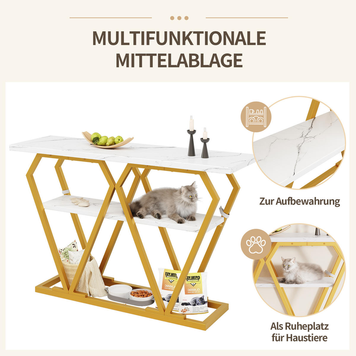 KONSOLENTISCH 120/29,5/80 cm Weiß in Marmoroptik mit Ablage MDF Metall - Weiß, Holzwerkstoff (120/29.5/80cm) - OKWISH