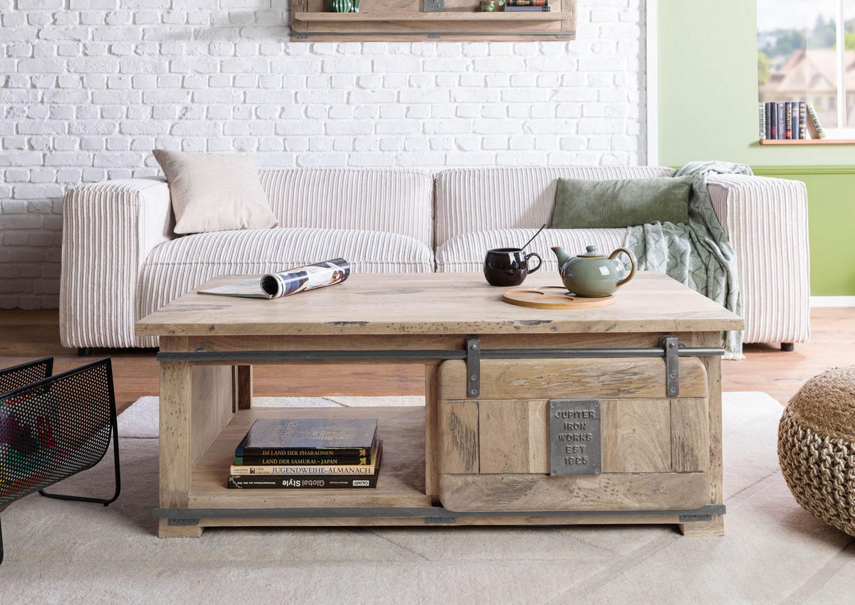 COUCHTISCH Mango 120x70x45 whitewash lackiert RAILWAY #3007 - Beige, Holz (120/70/45cm) - Massivmoebel24