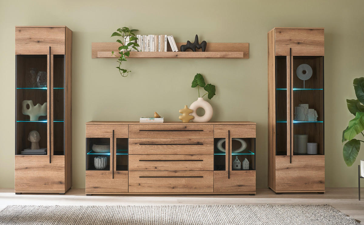 SIDEBOARD Eiche Evoke, Kommode 200 cm mit Soft-Close - Eichefarben/Schwarz, Glas/Holzwerkstoff (200/86/42cm) - Furn.Design