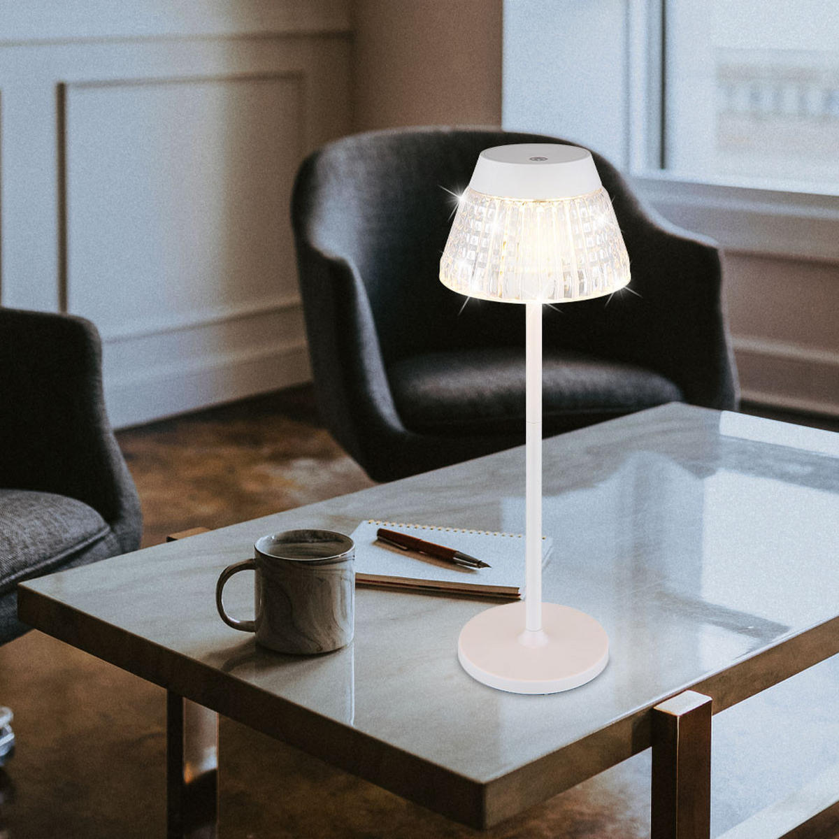 LED TISCHLEUCHTE Lora Weiß Acrylkristalle - Weiß, Metall (13.5/13.5/38cm) - Globo Lighting