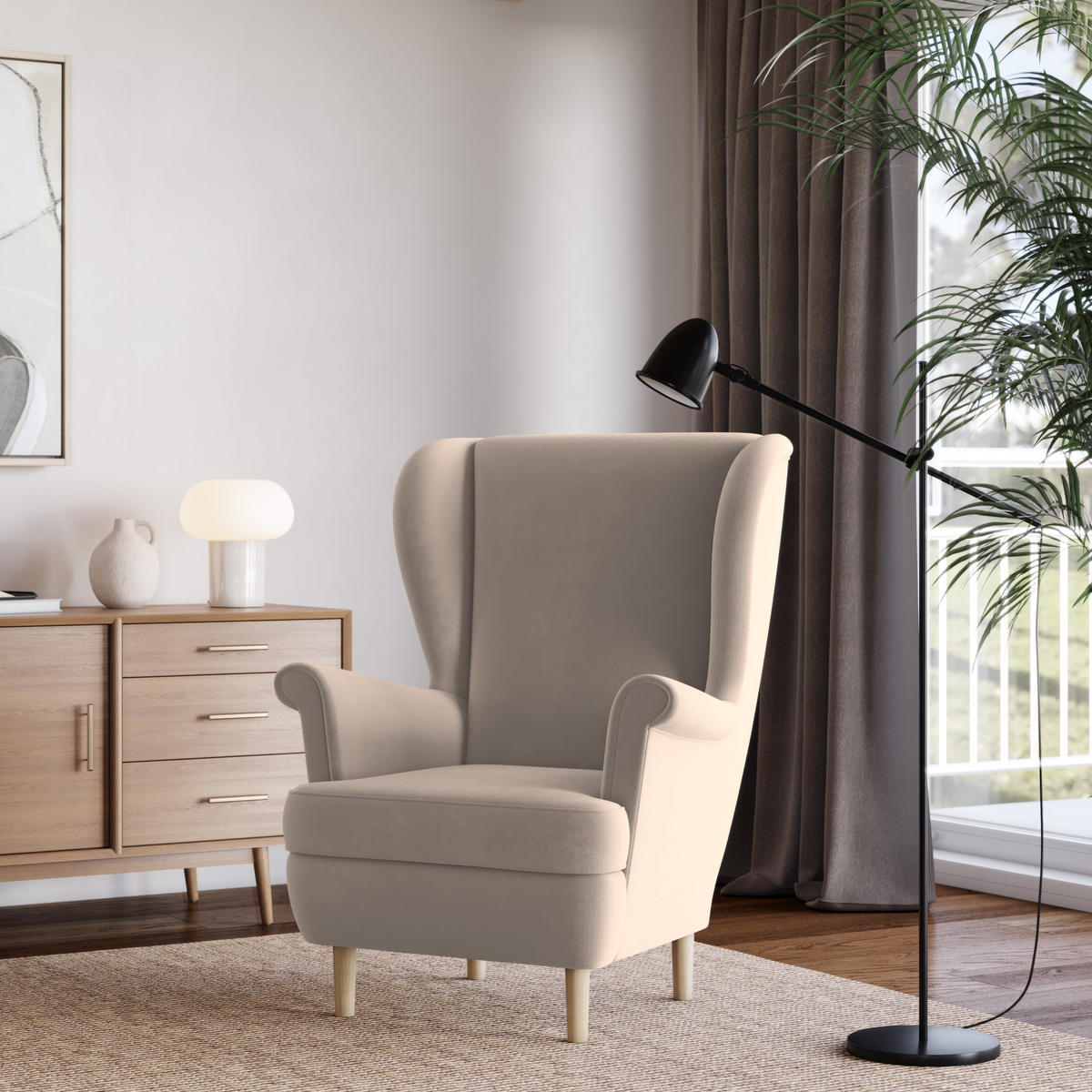 SESSEL LENTIO Ohrensessel Polstersessel, Beige - Beige, Holz/Holzwerkstoff (75/103/75cm) - MASSENO