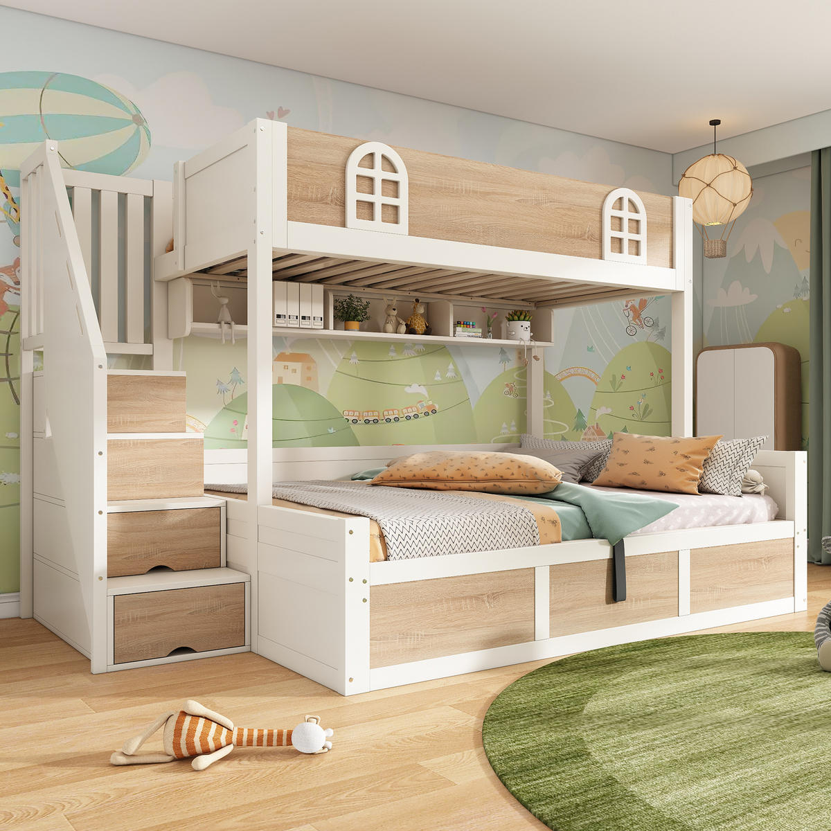 ETAGENBETT 90/200 cm & 140/200 cm in Weiß & Natur mit Stauraum, Regal und 4 Stufen - Weiß/Naturfarben, Holz/Holzwerkstoff (140/200cm) - WISHDOR
