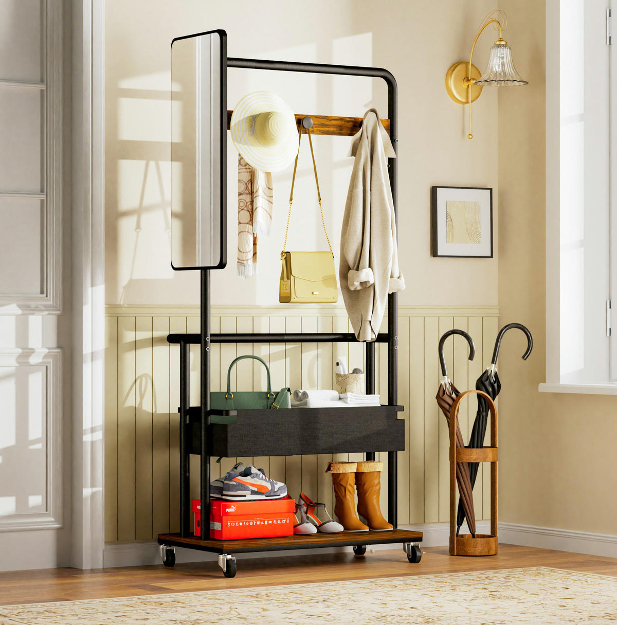 KLEIDERSTÄNDER 3-in-1 mit Rollen und Spiegel Metall Holzwerkstoff Schwarz/Braun - Braun, Metall (40/170/70cm) - Beauniv