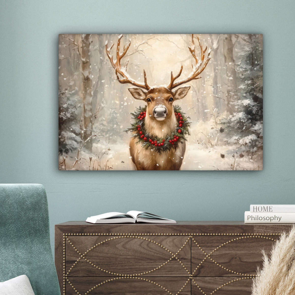 LEINWANDBILD Weihnachten - Rentier - Winter - Kranz Wanddeko 90x60 cm - Braun, Textil (90/60cm) - MuchoWow