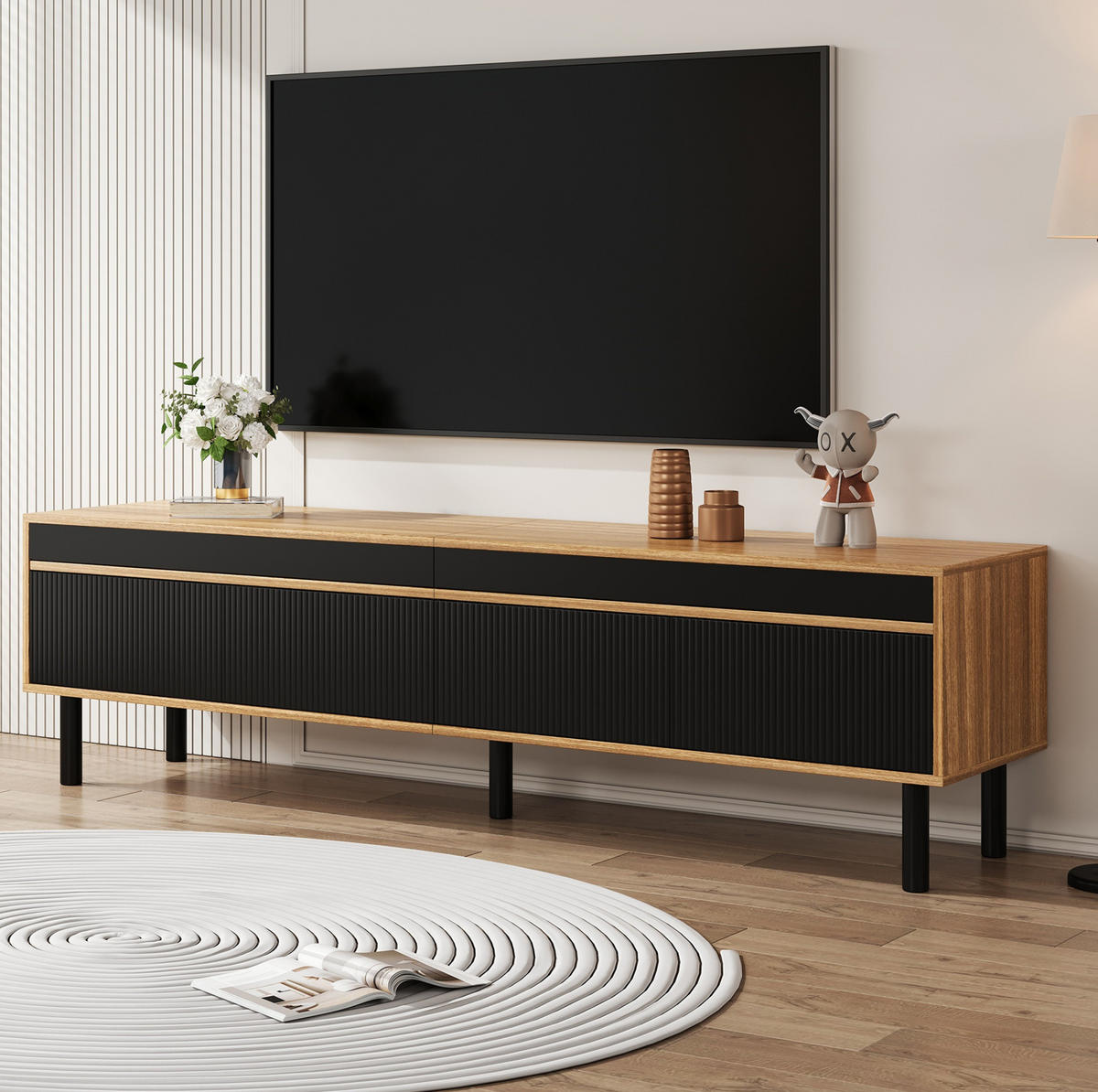TV-SCHRANK 170/38/47 cm schwarz Spanplatte mit 4 Türen mit Streifendesign - Schwarz, Holzwerkstoff (170/47/38cm) - OKWISH