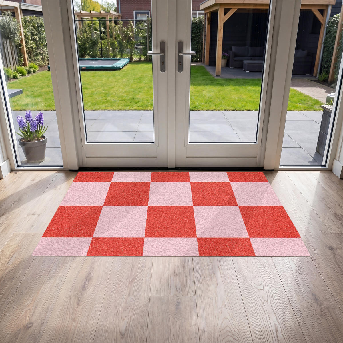 FUSSMATTE Schachbrettmuster - Rot - Rosa - Würfel Türmatte 150x90 cm - Rot, Kunststoff (150/90cm) - MuchoWow