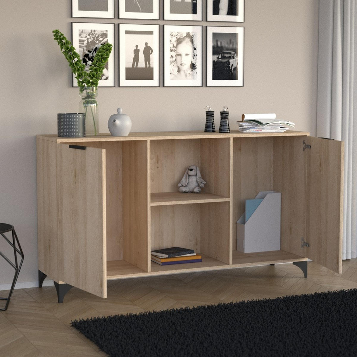 KOMMODE Home mit 2 Türen, ohne Griffe, eiche Artisan - Schwarz/Eiche Artisan, Holzwerkstoff (150/85/40cm) - Beautysofa