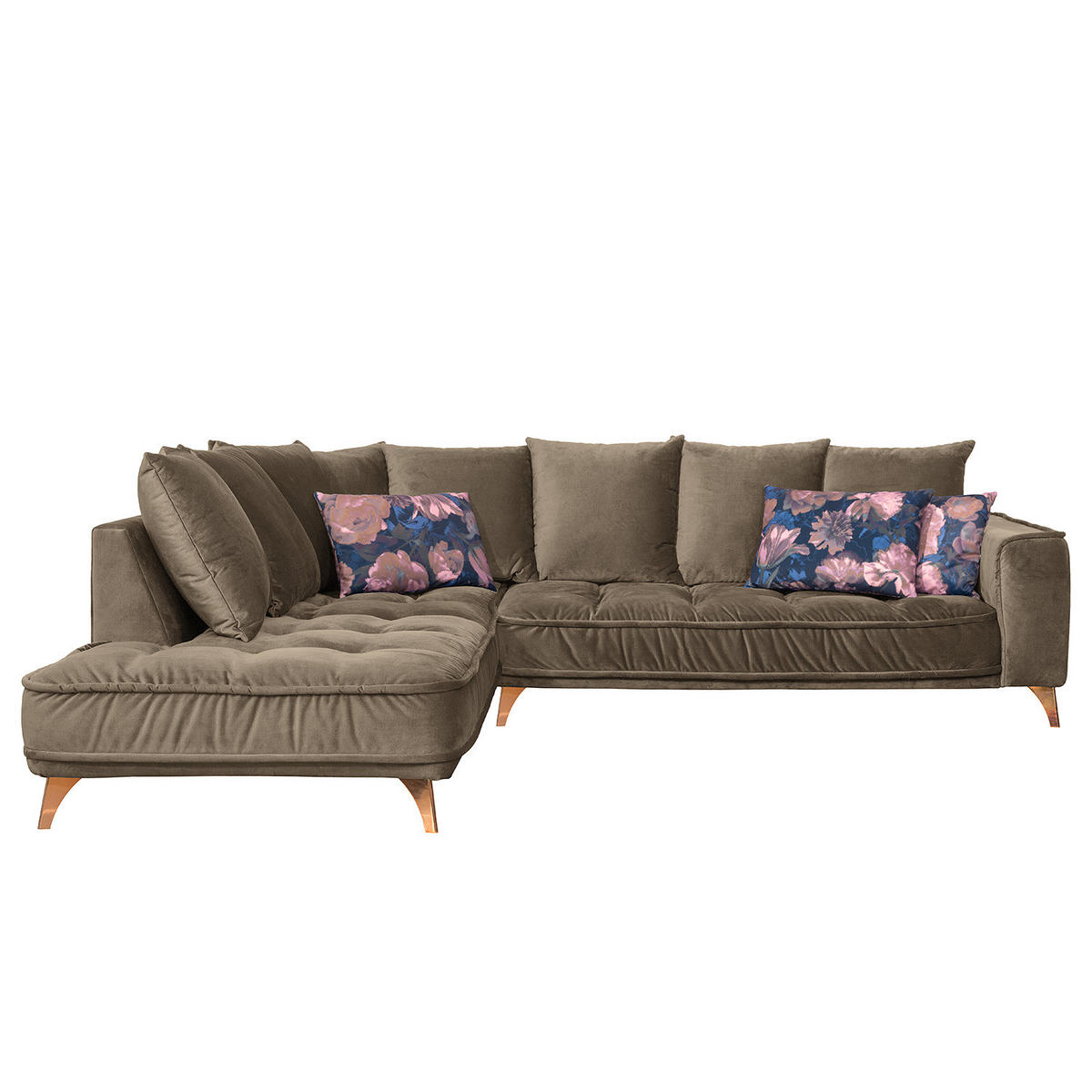 ECKSOFA mit Ottomane - Samt - Braun, Textil/Metall (288/245cm) - home24