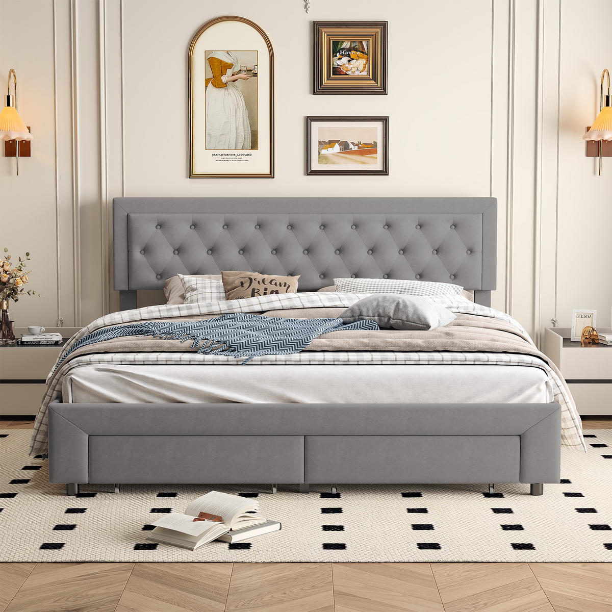 POLSTERBETT 180x200 cm, Grau, Lattenrost und Schubladen - Grau, Textil/Metall (180/200cm)