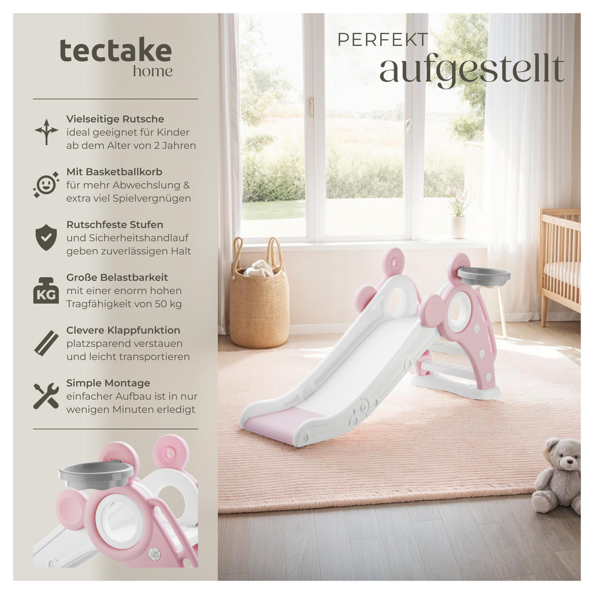 KINDERRUTSCHE Joy,Belastbarkeit 50 kg, 128 x 66,5 x 67,5 cm,pink - Pink, Kunststoff (66.5/67.5/128cm) - tectake