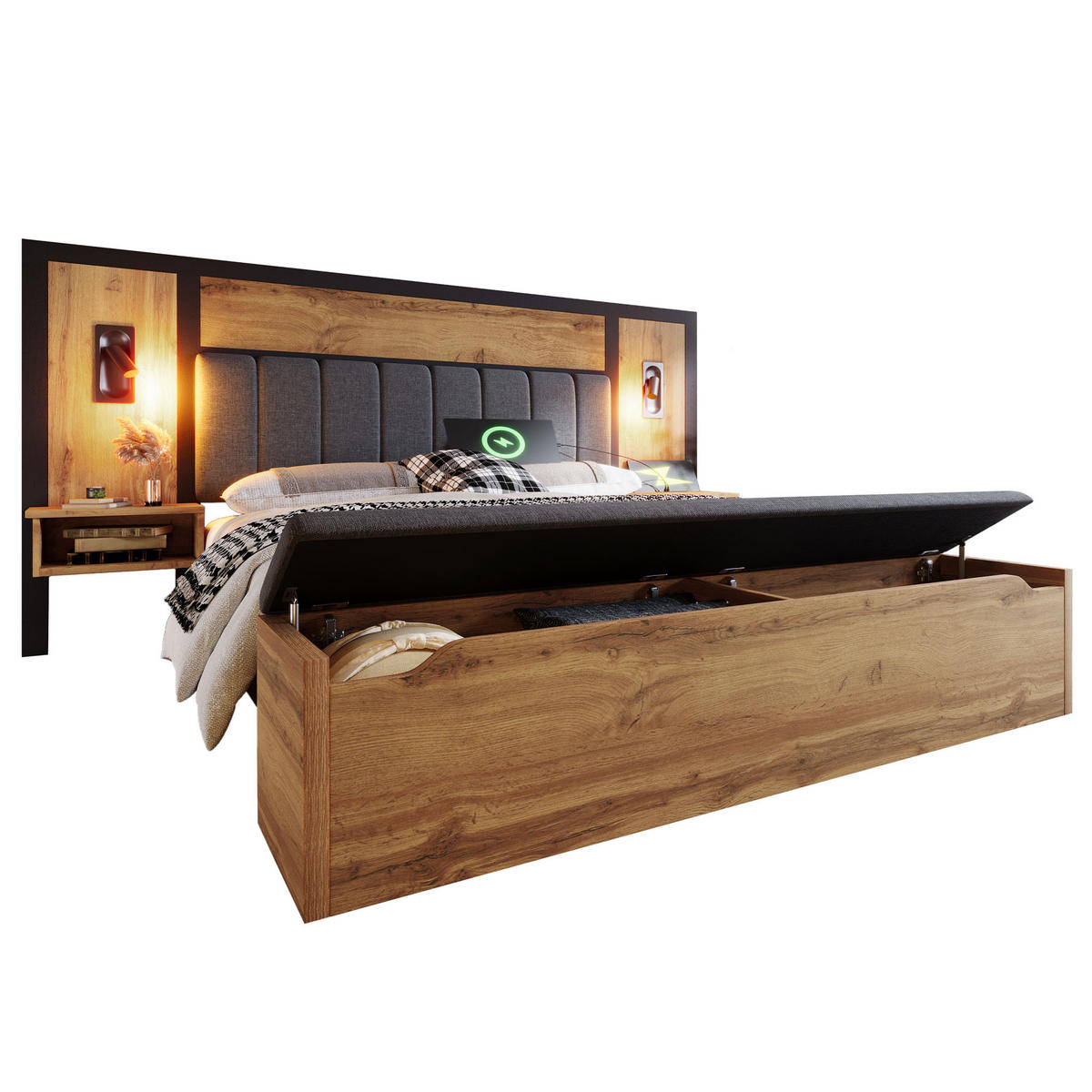 POLSTERBETT 180/200 cm Eiche mit Leselampe und USB-C-Nachttisch - Eichefarben, Metall (180/200cm) - OKWISH