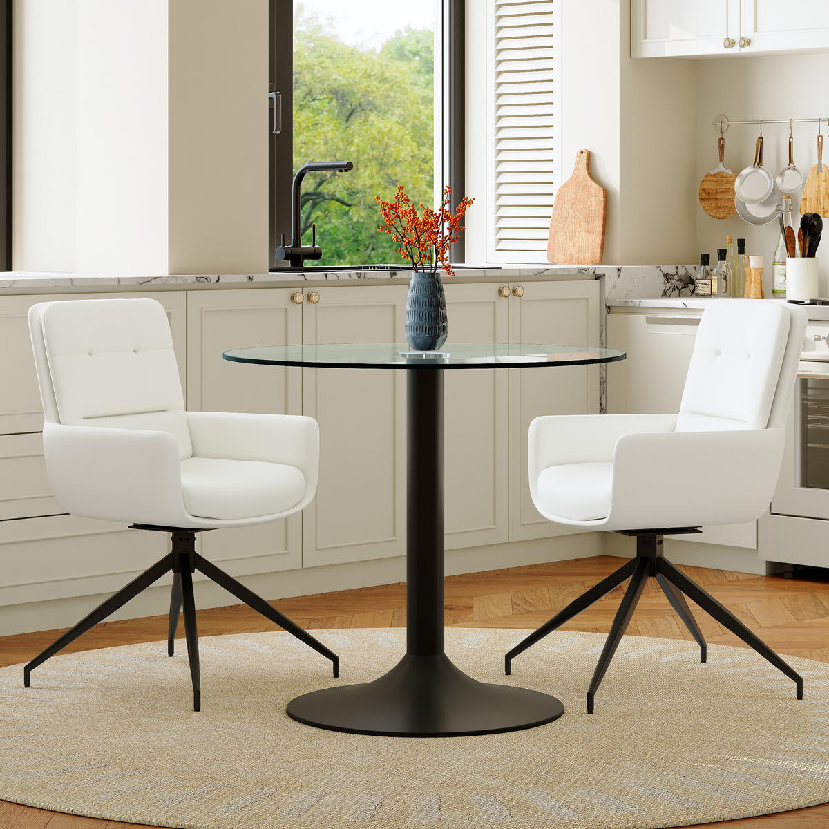 ESSGRUPPE DE-39489 3-teilig, Glastisch und 2 Drehstühlen Weiß - Weiß, Metall (85/75/85cm) - ComfortXL