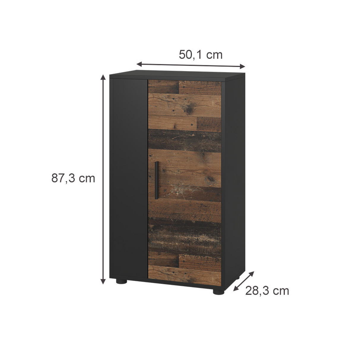 KOMMODE Berno Schwarz/Oldstyle 50.1 x 87.3 cm mit 2 Fächern - Schwarz/Braun, Holzwerkstoff (50.1/87.3/28.3cm) - Vicco