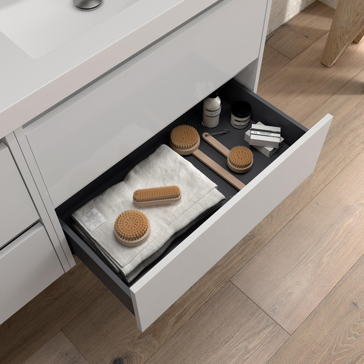 BADEZIMMERMÖBEL NOJA 1400 2 Schubladen WHITE GLOSS + Waschtisch + Spiegel - Schwarz, Metall (45/54/140cm) - Salgar