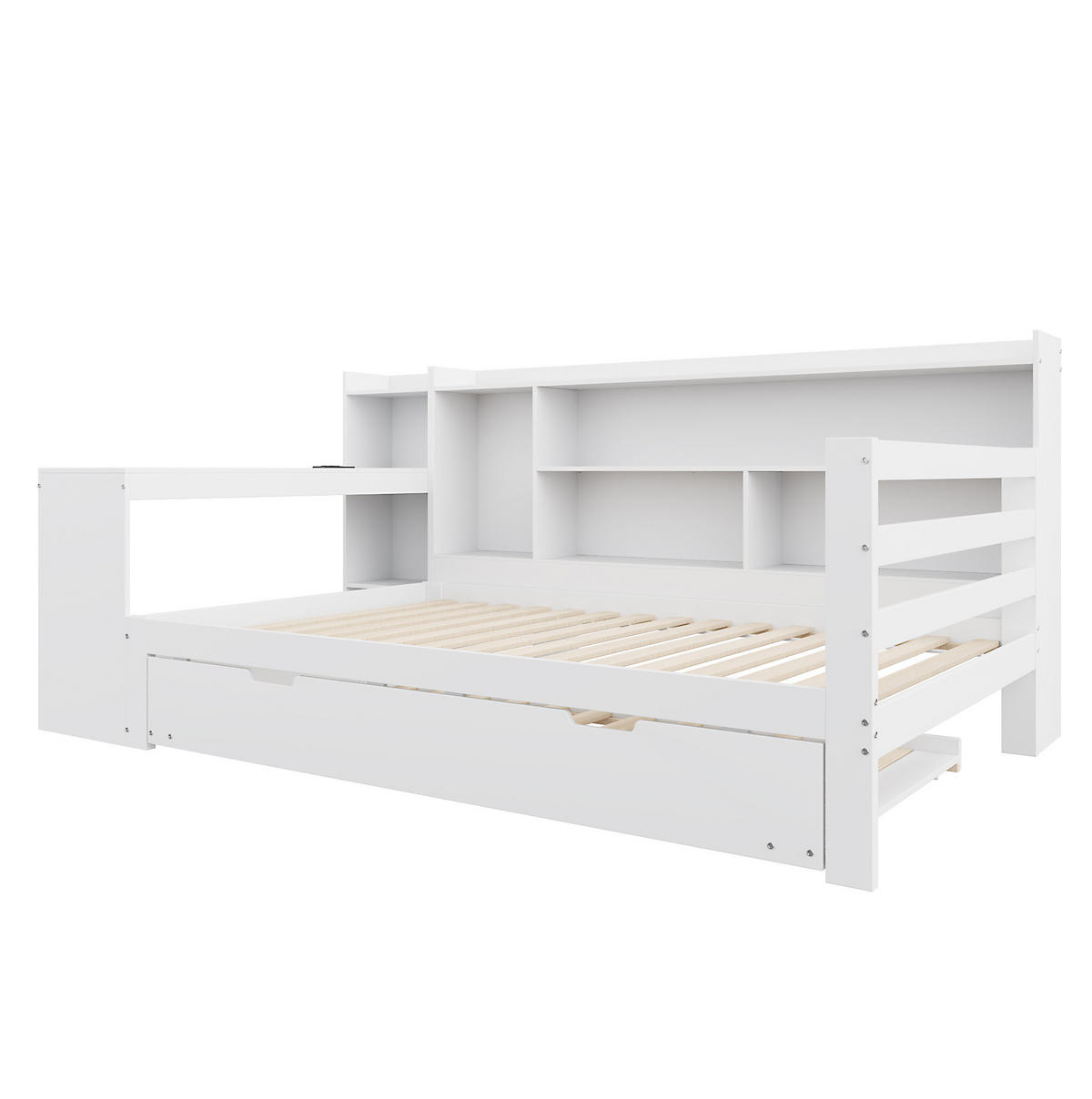 HOLZBETT 90/200 cm in Weiß mit Ausziehbett, Regal und Steckdose - Weiß, Holz (90/200cm) - BEAOK