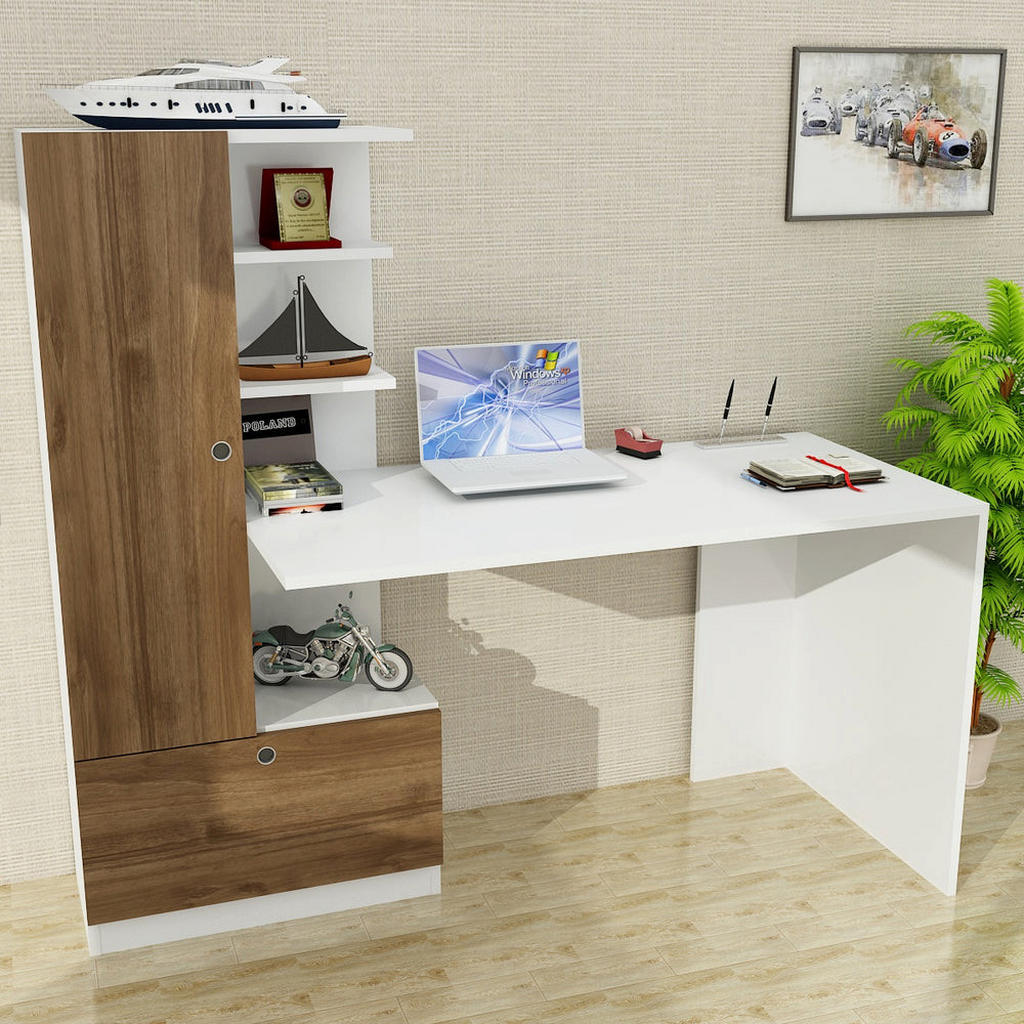 Thumbnail - moebel17 Schreibtisch, Weiß, Walnuss, Holzwerkstoff, Holz Optik, 2 Fächer, Rechteckig,Rechteckig, 149.5x120x61.8 cm, Arb...