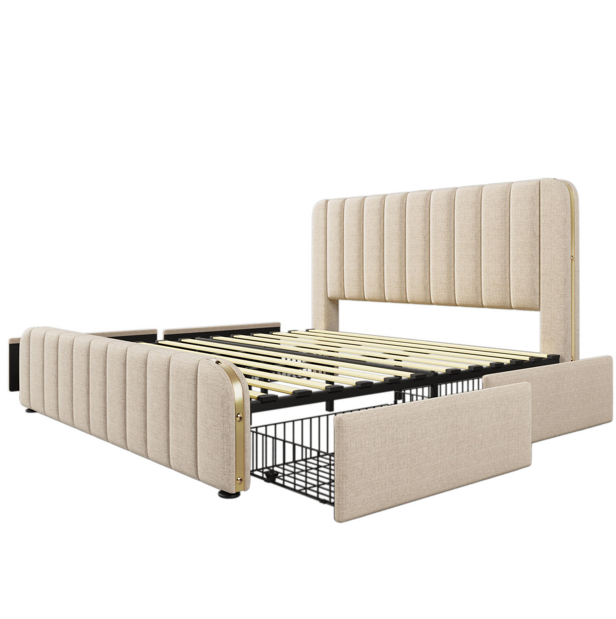 POLSTERBETT 180/200 cm mit 4 Schubladen, USB/Typ-C am Kopfteil und abgerundeter Rückenlehne, Beige - Beige, Textil (180/200cm) - Redom