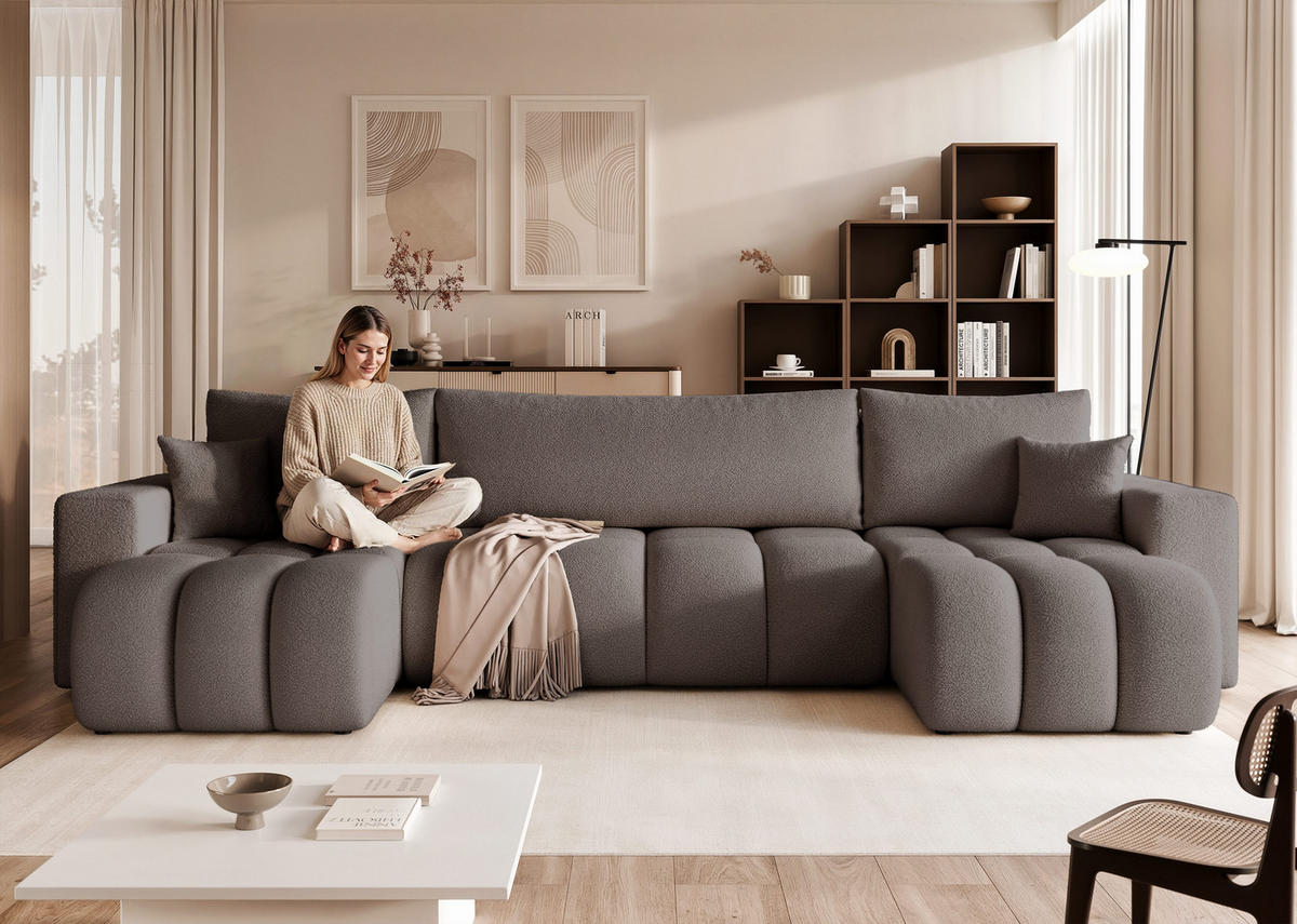 WOHNLANDSCHAFT OFI mit Schlaffunktion und Bettkasten Dunkelgrau - Dunkelgrau, Holzwerkstoff/Kunststoff (318/79/145cm) - Idohome