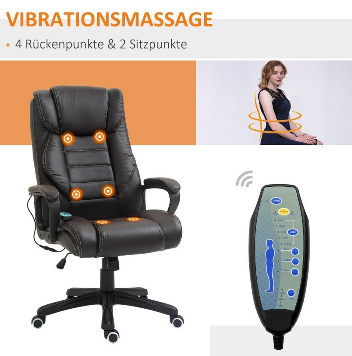 GAMINGSTUHL 64/74/112-120 cm, ergonomischer Drehstuhl mit 6‑Punkte‑Massage, Bonded Leather, Braun - Braun, Kunststoff (64/120/74cm) - Redom