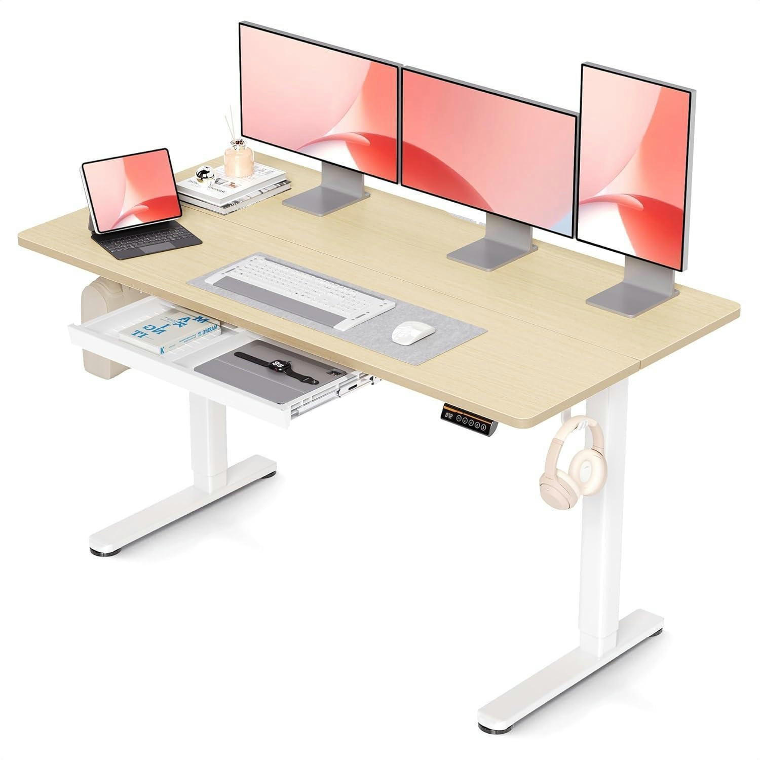 SCHREIBTISCH höhenverstellbar 140 x 60 cm mit Schublade und Memory-Funktion Beige - Beige, Holzwerkstoff (60/120/118cm)
