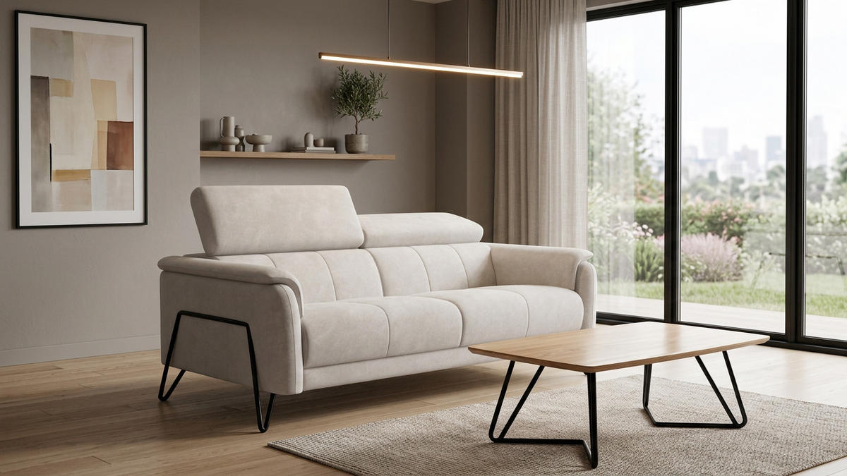 SOFA RODEN 3-Sitzer, creme, Veloursstoff - Creme, Holz/Textil (194/82/103cm) - Wozimo