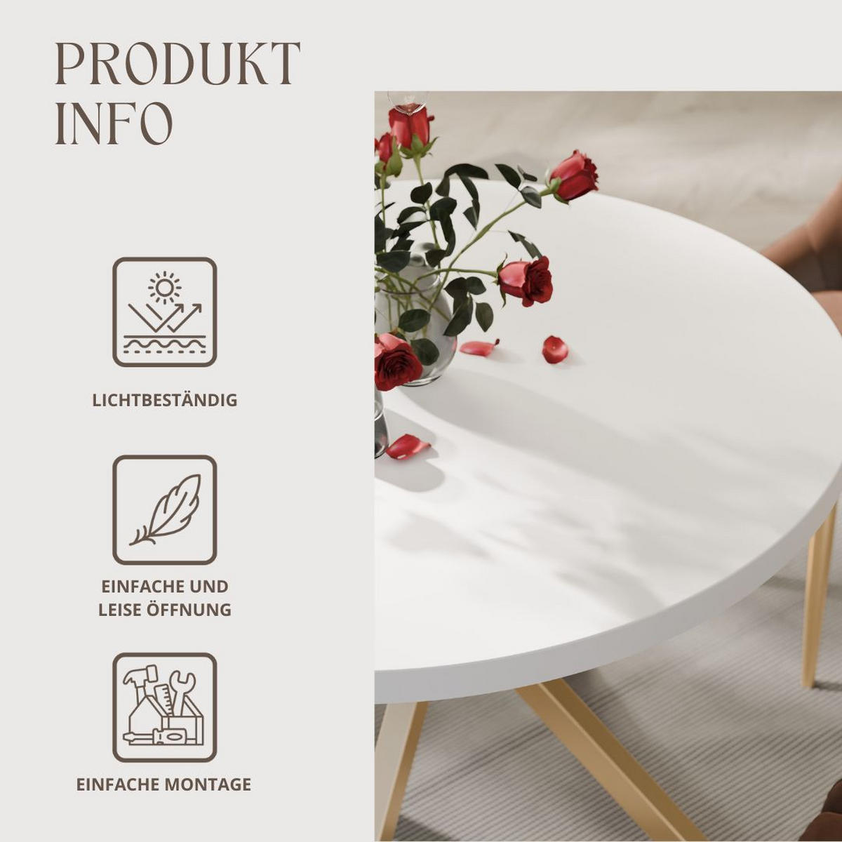 AUSZIEHTISCH MILTON 100-176/76 cm mit Metallgestell, Gold / Arktisweiß - Goldfarben/Weiß, Holzwerkstoff/Metall (100/100/76cm) - Idohome