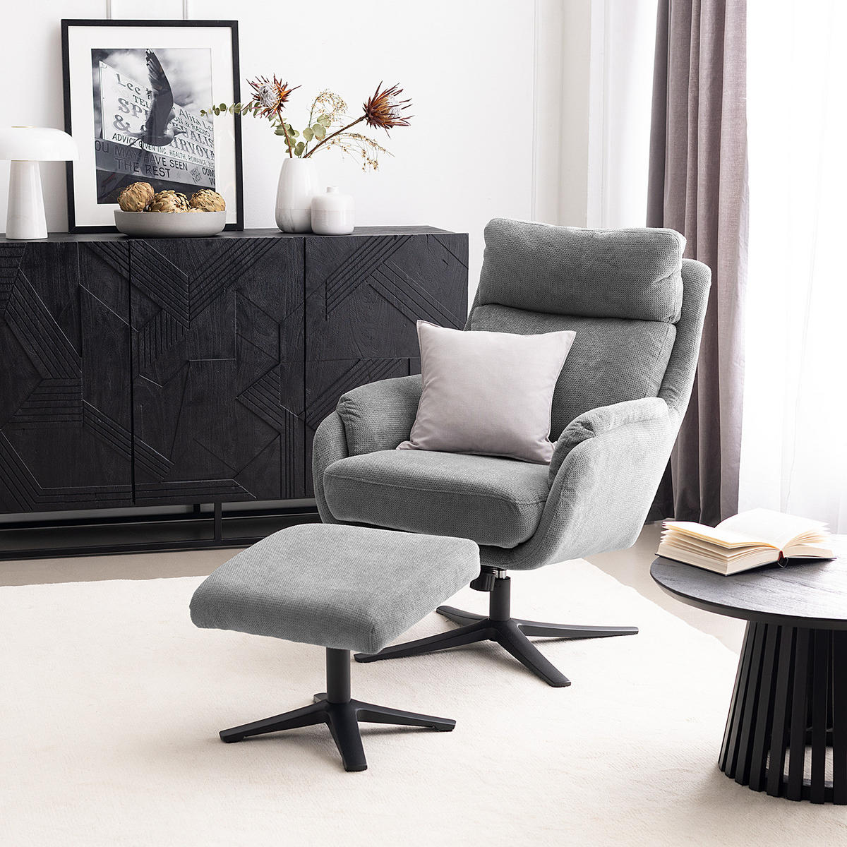 RELAXSESSEL mit Hocker - Schwarz/Grau, Textil/Metall (74/102/89cm) - home24