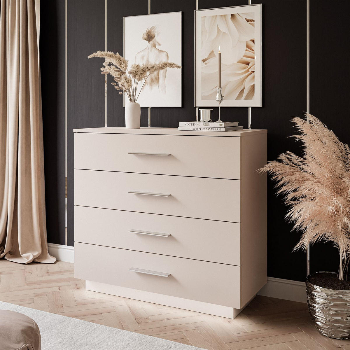 KOMMODE LINA KASCHMIR 95 cm mit LED-Beleuchtung Griffe Silberchrom - Kaschmir/Silberfarben, Holzwerkstoff (95/84/40cm) - Lookway