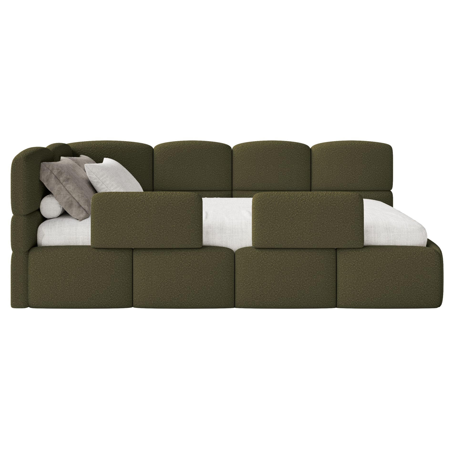 JUGENDBETT Cloudy links mit Matratze und Rausfallschutz Bouclé Olivgrün - Olivgrün, Kunststoff/Textil (90/200cm) - Selsey