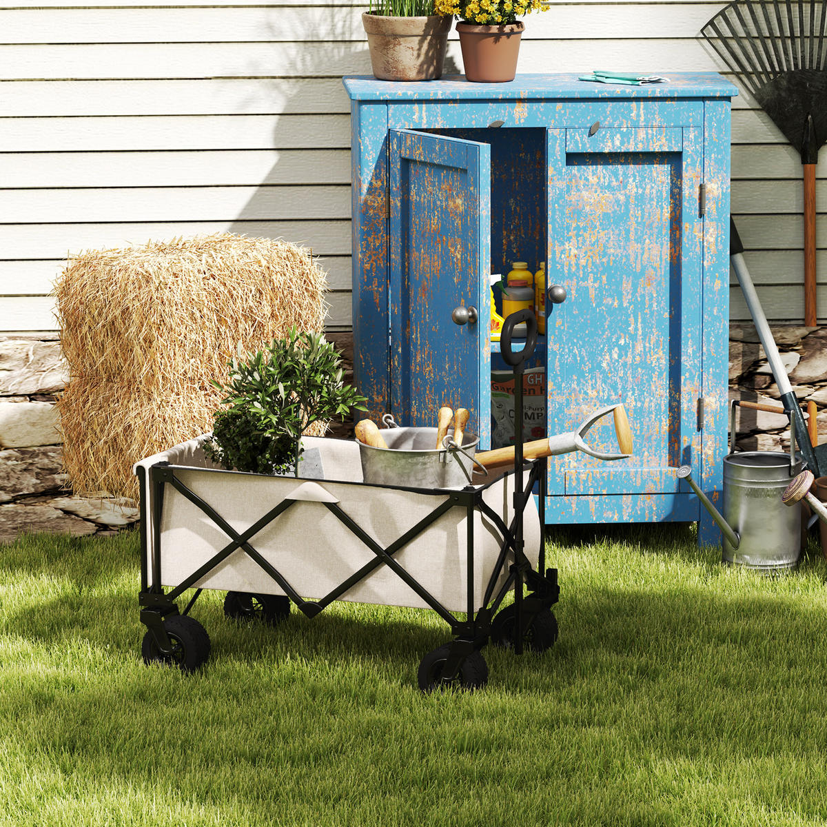 GARTENWAGEN 100 kg belastbar, klappbar Transportwagen mit herausnehmbare Plane - Beige, Metall (48/92/90cm) - Outsunny