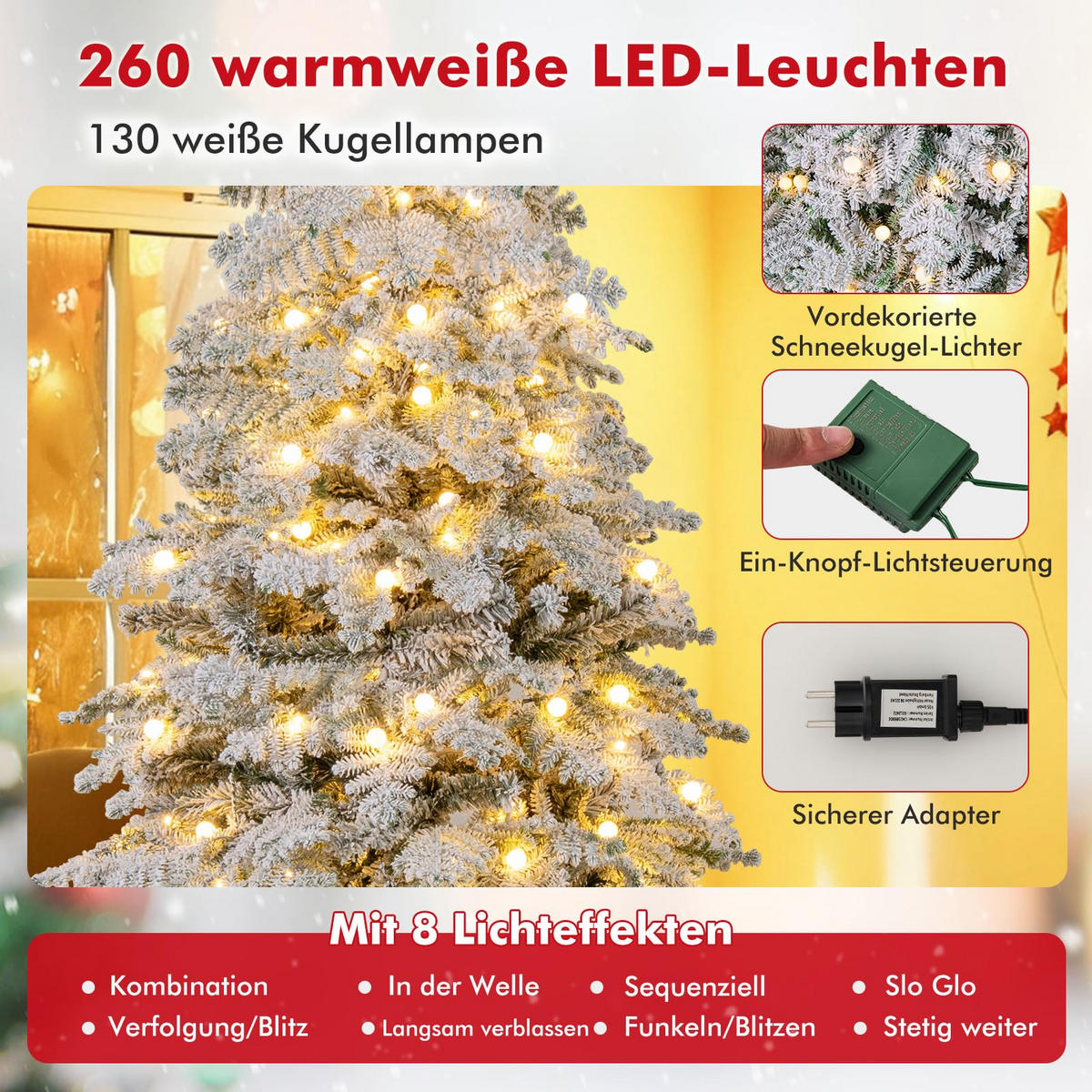 WEIHNACHTSBAUM mit 130 funkelnden Kugeln und Schnee 180 cm weiß - Weiß, Metall (180cm) - COSTWAY
