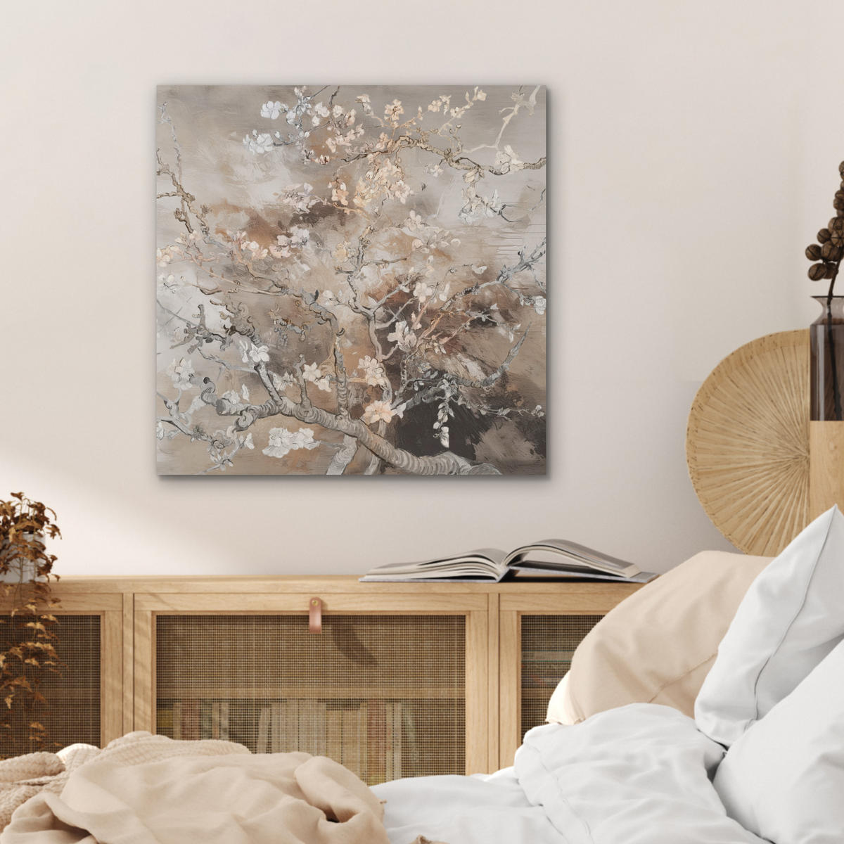 AKUSTIKBILD Mandelblüte - Kunst - Van Gogh - Beige - Abstrakt Wandbilder 60x60 cm - Braun, Kunststoff (60/60/0.9cm) - MuchoWow