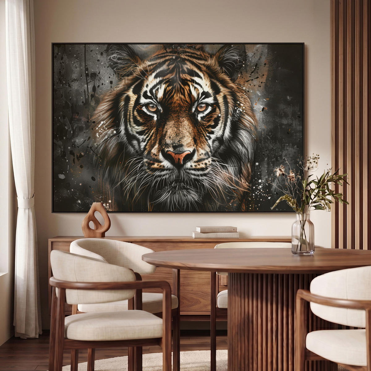 LEINWAND Bilder mit Rahmen - Tiger - Tiere - Porträt - Luxus - Schwarz - 140x90 - Braun, Textil (140/90cm) - MuchoWow