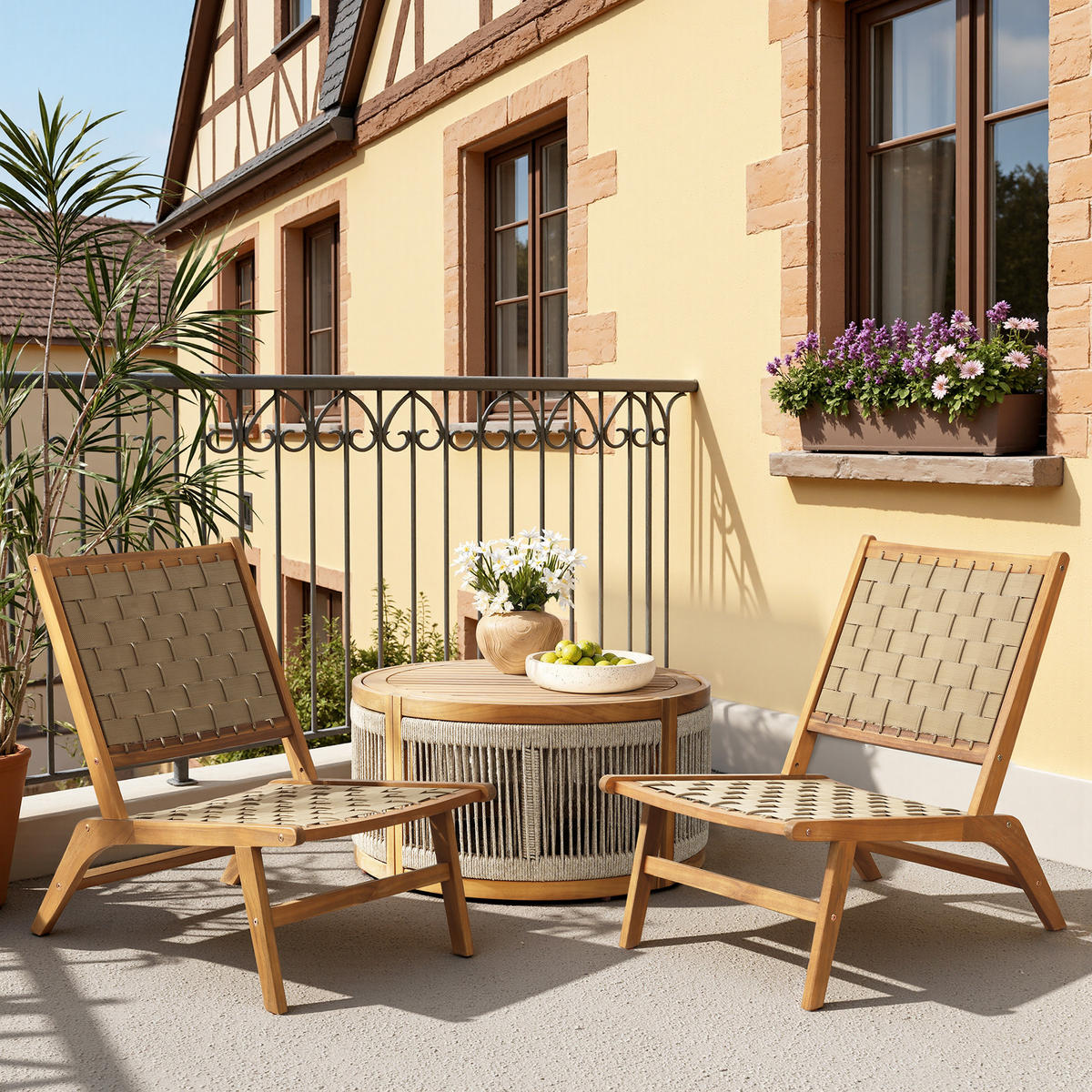 77CM Outdoor-Ess- und Terrassenstuhl ohne Armlehnen aus Akazienholz mit geflochtener Rückenlehne und Sitzfläche - Ahornfarben, Holz (75.5/77/54cm)