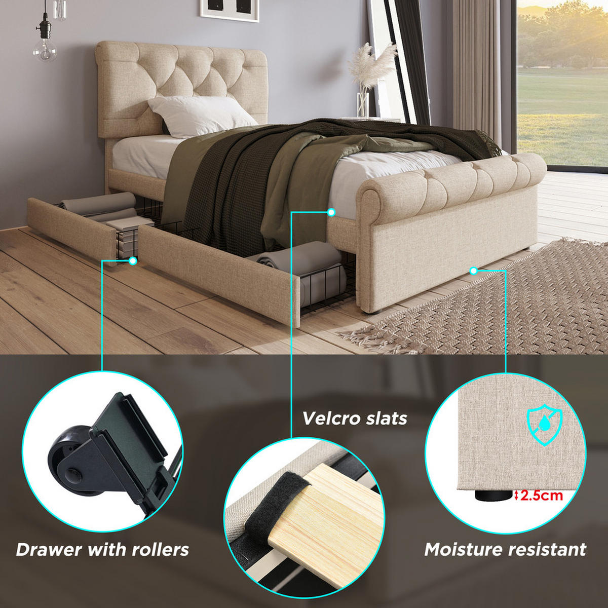 POLSTER EINZELBETT 90x200cm mit 2 Schubladen verstellbarem Kopfteil Natürlich - Braun, Holz (90/200cm) - FLIEKS