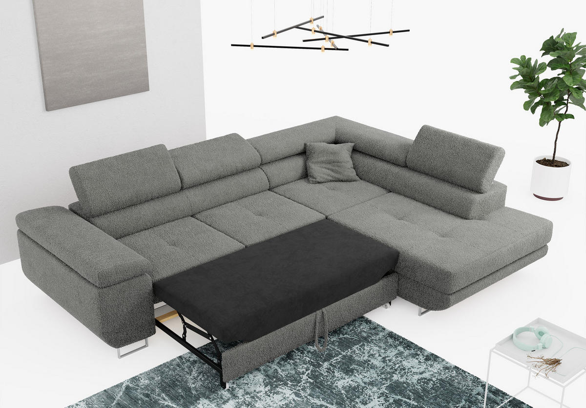 ROHOVÁ SEDAČKA GUSTAW L - Šedá Bouclé - Pravá Strana - šedá/stříbrná, kov/textil (205/275cm) - MKS