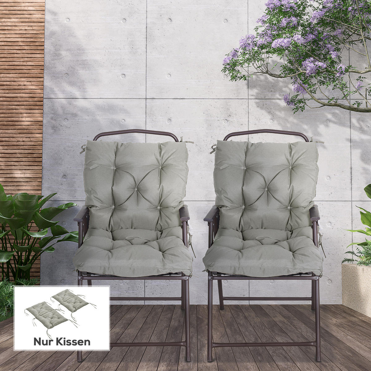 2ER-SET Sitzkissen, 98 x 50 cm Stuhlkissen mit Bindebänder, Stoffbezug 8cm dick - Hellgrau, Textil (50/8/98cm) - Outsunny