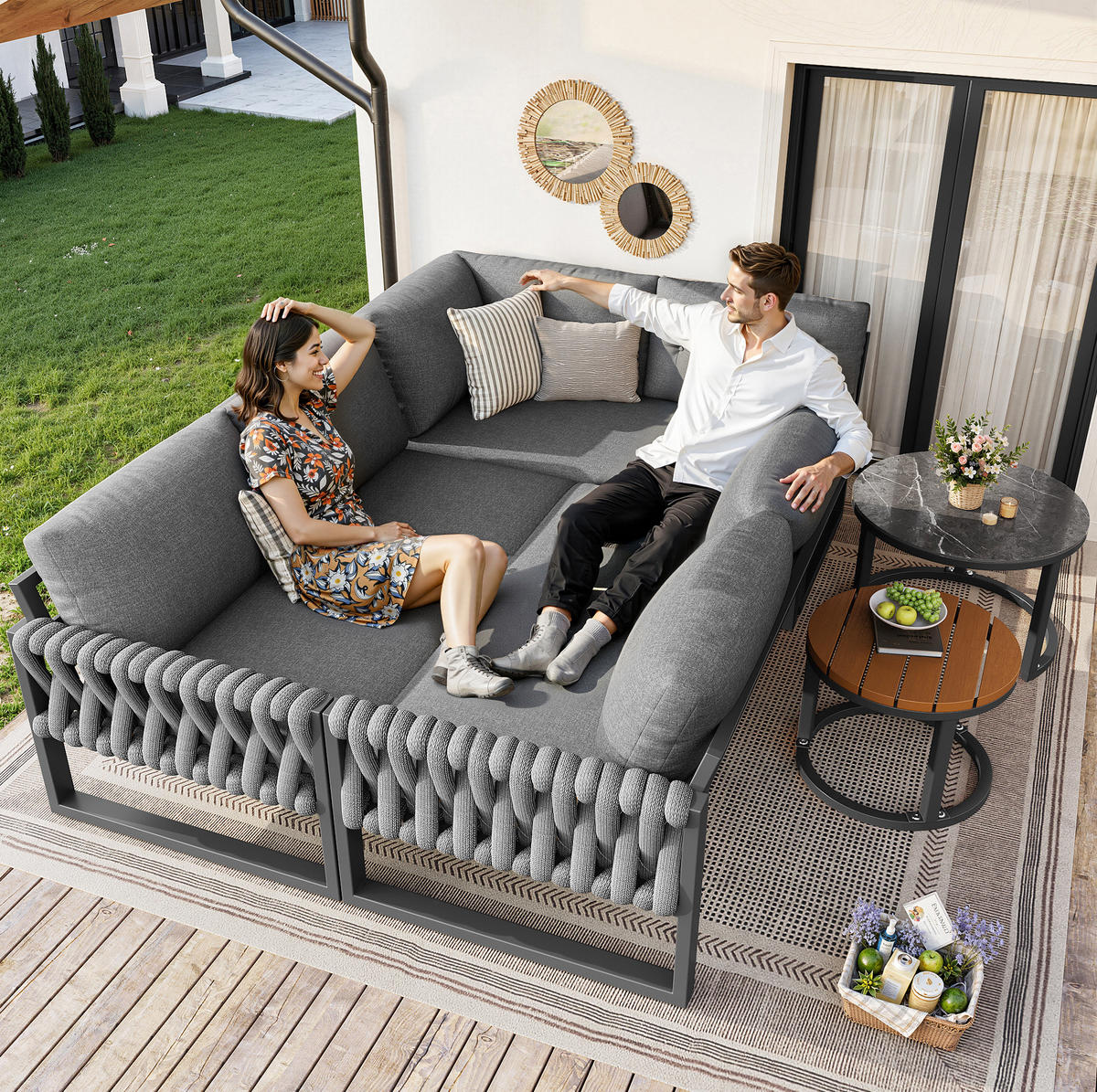 GARTENLOUNGE-SET 123/68/86 cm mit modularer Kombination, verstellbaren Tischbeinen und abnehmbaren Olefin-Bezügen, Grau - Grau, Metall - Redom