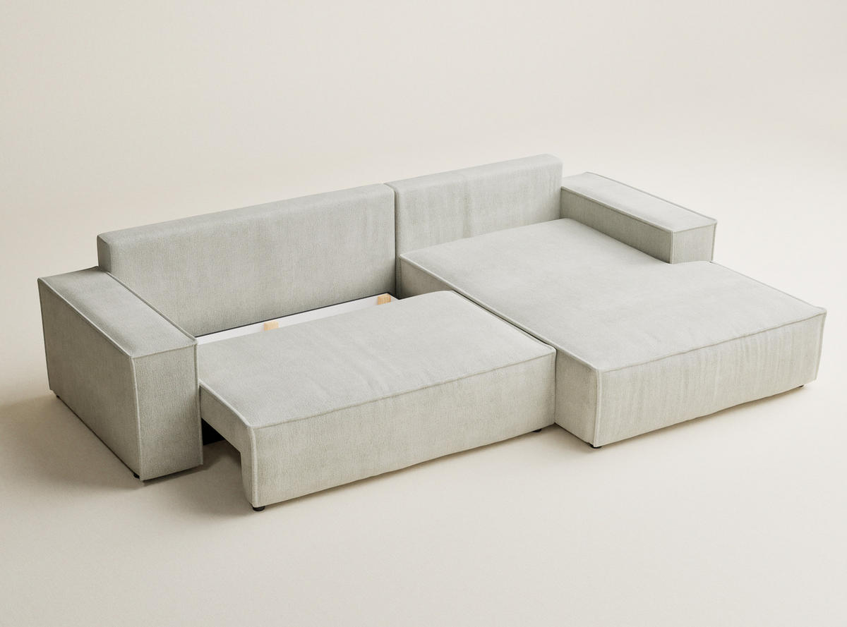 ECKSOFA Maze Creme Chenille-Stoff - Rechts Seite - Creme/Schwarz, Holz/Holzwerkstoff (294/185cm) - Maison de Reve