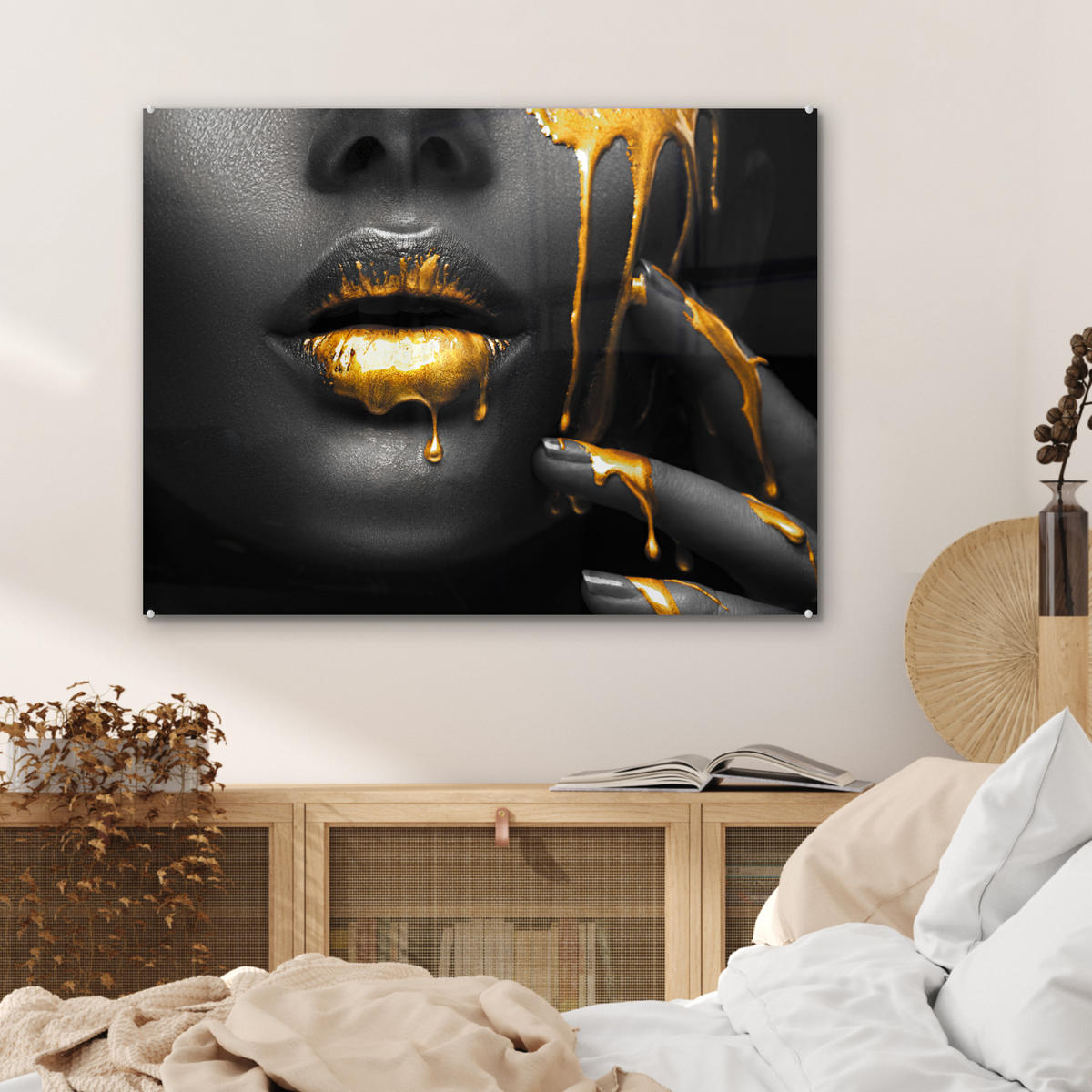 ACRYLGLASBILD Frau - Schwarz - Gold - Gesicht - Lippen 80x60 cm - Goldfarben, Glas (80/60cm) - MuchoWow