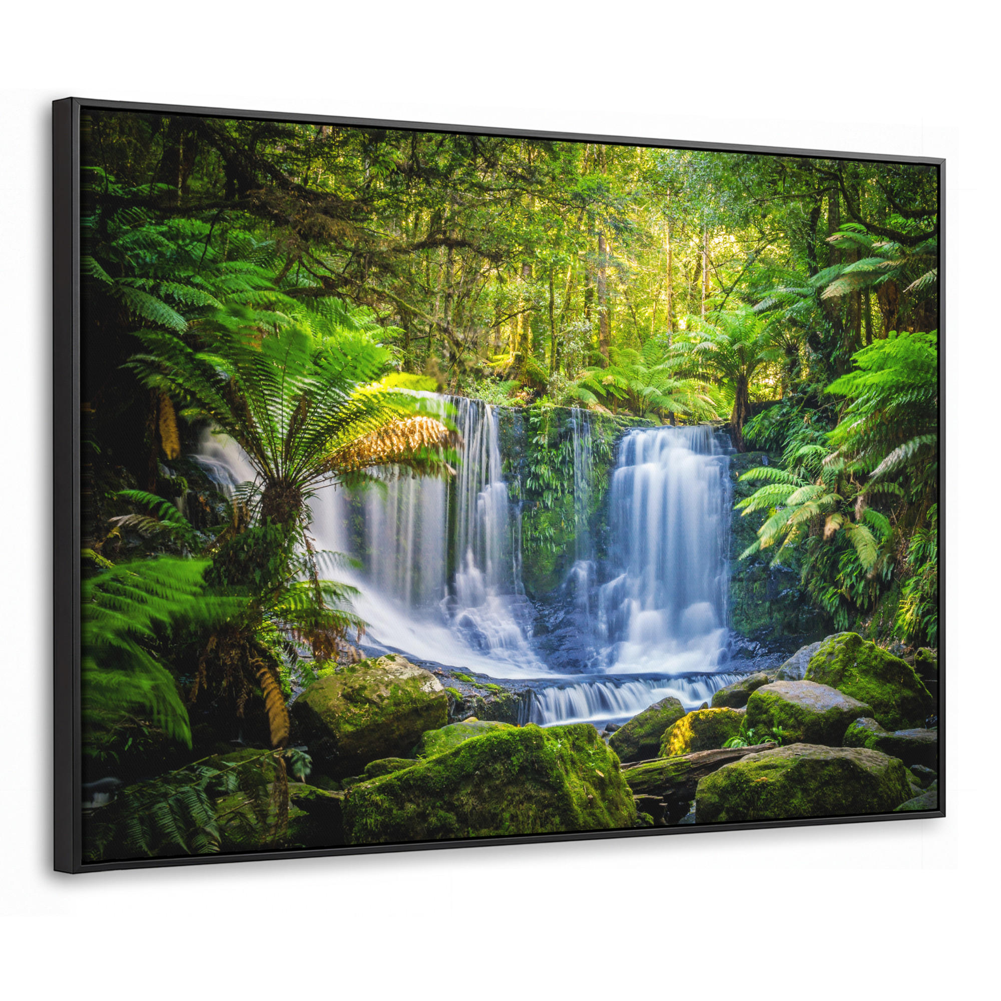 LEINWAND Bilder mit Rahmen - Dschungel - Wasserfall - Australien - Pflanzen - Natur - 70x50 - Dunkelgrün, Textil (70/50cm) - MuchoWow