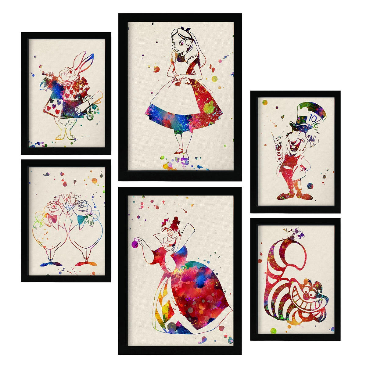 POSTER Set Mit 6 Alice Im Wunderland Illustrationen Im Aquarell Stil Von Klassischen Kindermärchen, Filmen Und Büchern A3 & A4 Schwarzer Rahmen - Schwarz, Papier (29/3cm) - Nacnic