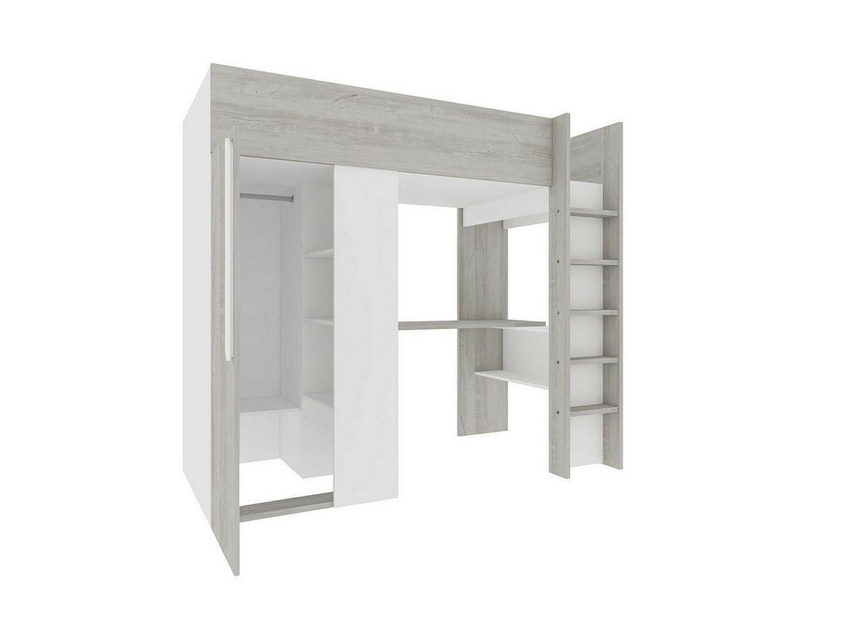 HOCHBETT mit Schreibtisch & Kleiderschrank + Matratze - 90 x 200 cm - Holzfarben Grau & Weiß - NICOLAS - Hellgrau, Holz (110/205.2cm) - Vente-Unique