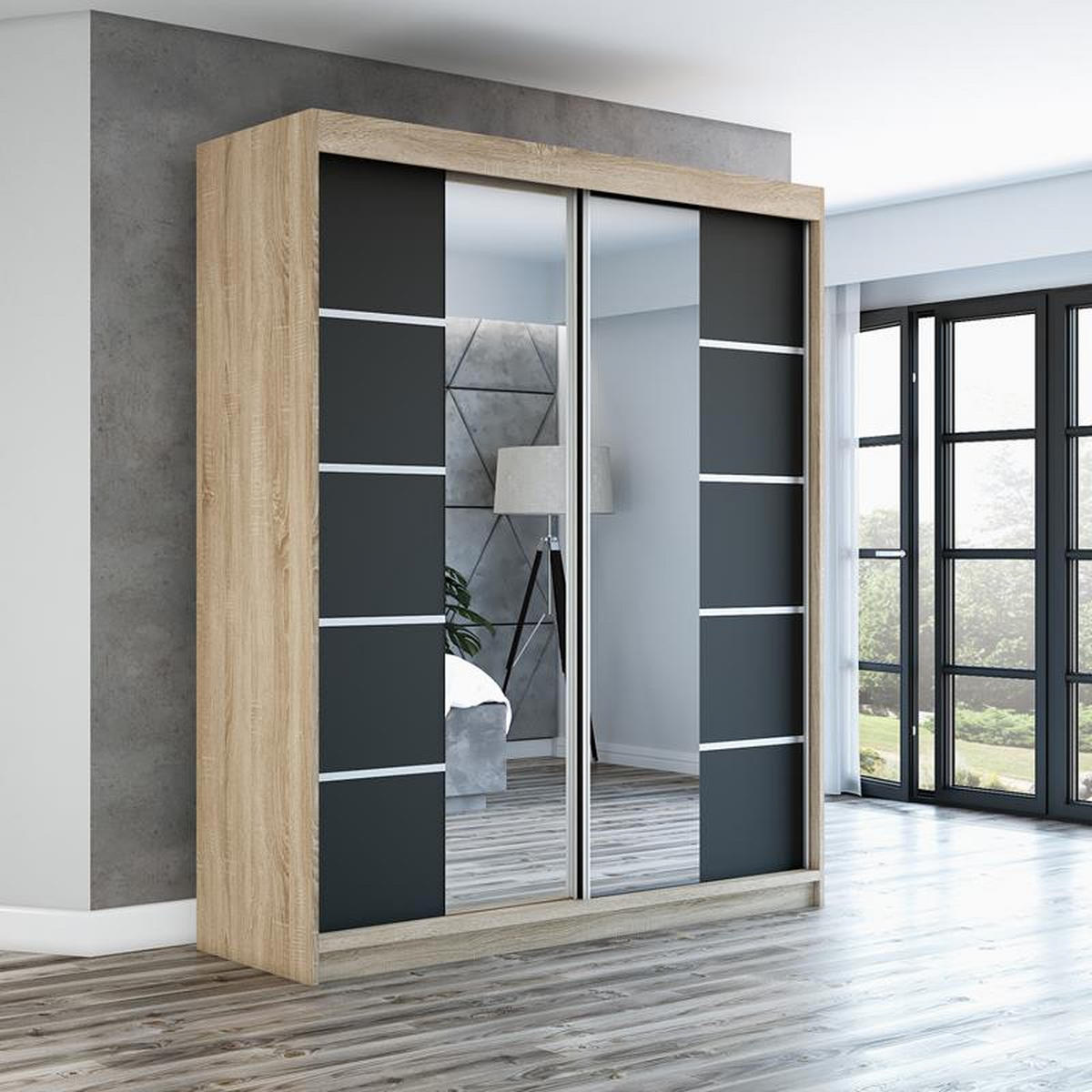 SCHWEBETÜRENSCHRANK 180 CM KRINO Farbe: Sonoma / schwarz / schwarz - Schwarz/Braun, Holzwerkstoff (180/215/59.5cm) - A&J MöbelLand